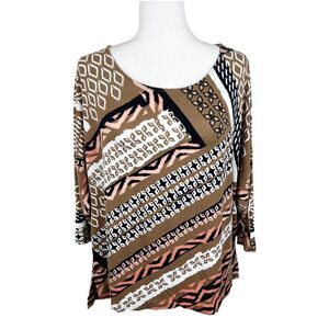 Chico's Blouse Women Extra Large Brown Orange Geometric Print Quarter Sleeve Top